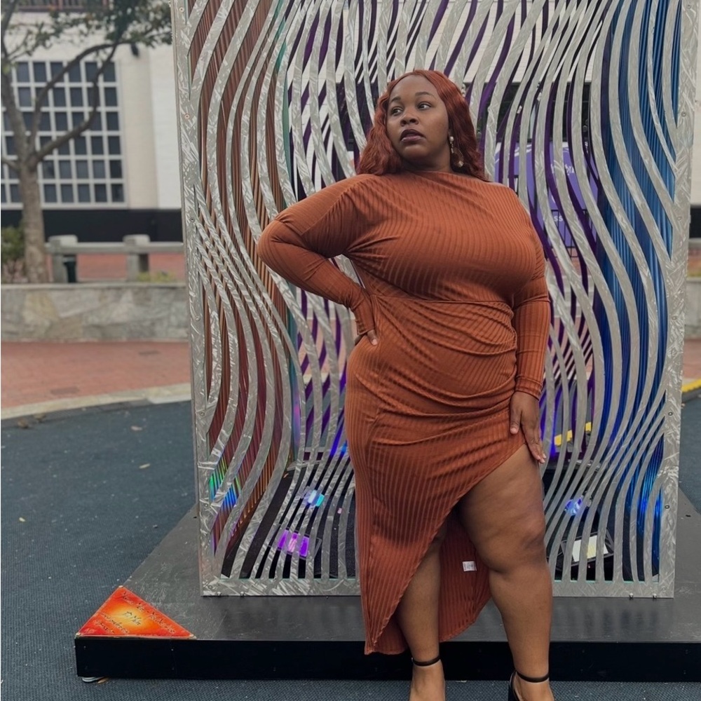 Draping Rust Brown Long Sleeve Dress Plus Size